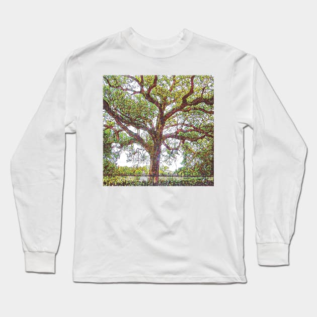 New Orleans French Quarter Nola Green Mosaic Iconic Oak Tree in Colorful Botanical Nature in Southern Louisiana Long Sleeve T-Shirt by Little Shop of Nola